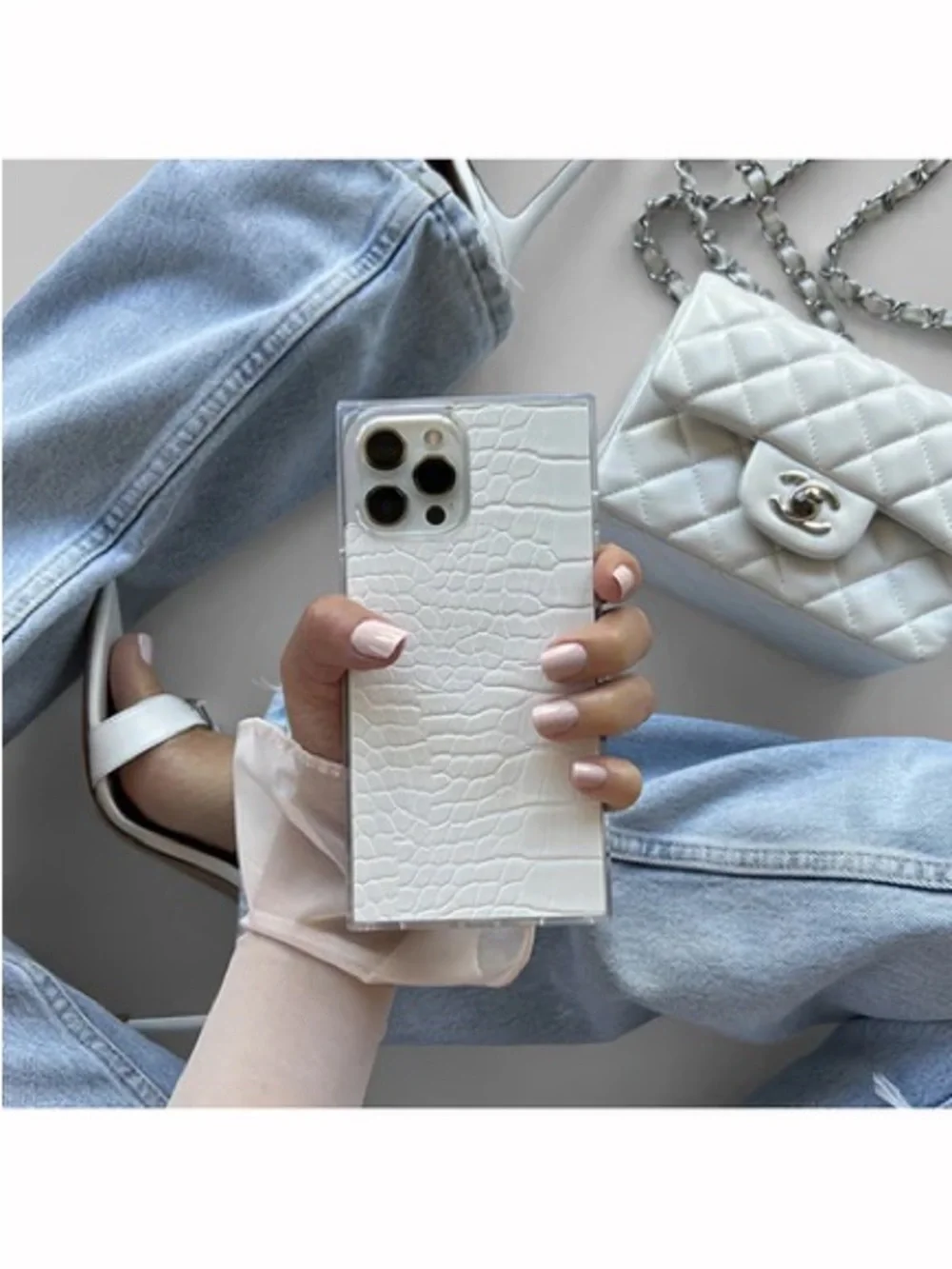 FLAUNT SQUARE® White Crocodile Faux Leather iPhone 13 Case